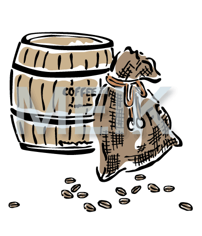 コーヒー豆の樽と麻袋のイラスト